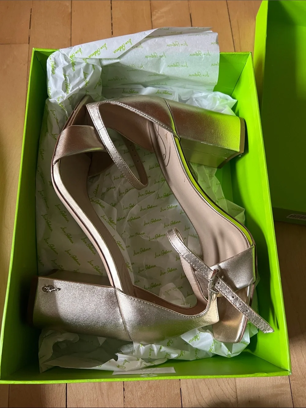Sam Edelman Metallic Rose Gold Block Heel Ankle-Strap Sandals
